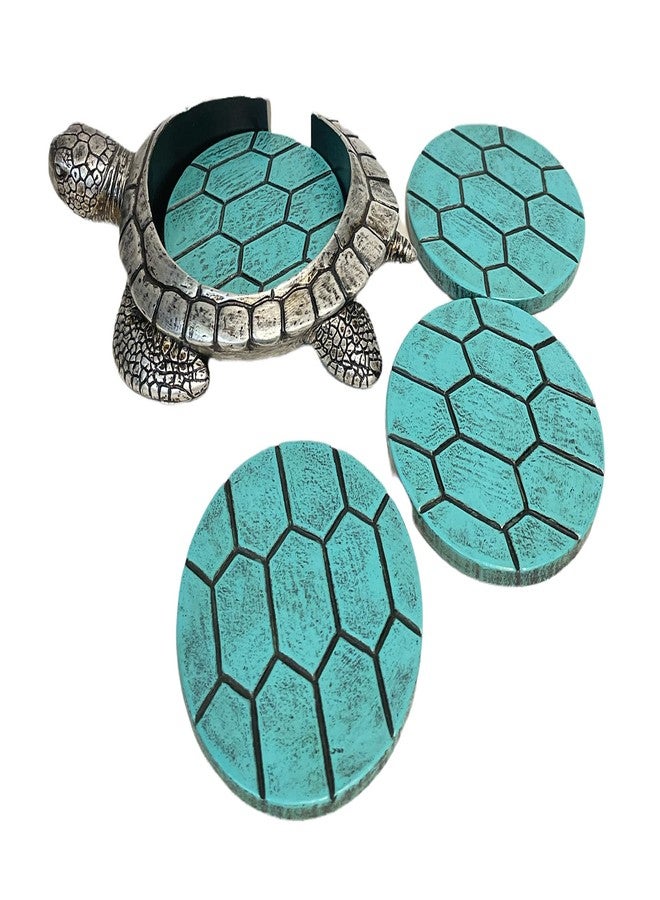 De Leon Collections Round 4-Piece Coaster Set with Decorative Holder, 3.5 Inch Polyresin, Turquoise Turtle